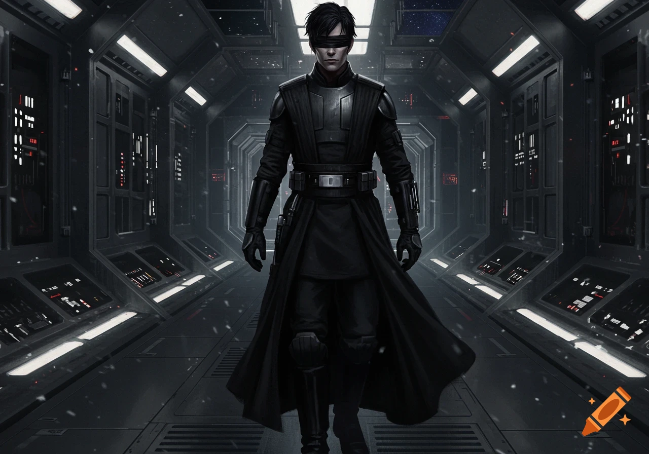 A blindfolded male character in a long black coat and armor stands in a dark, futuristic spaceship corridor.