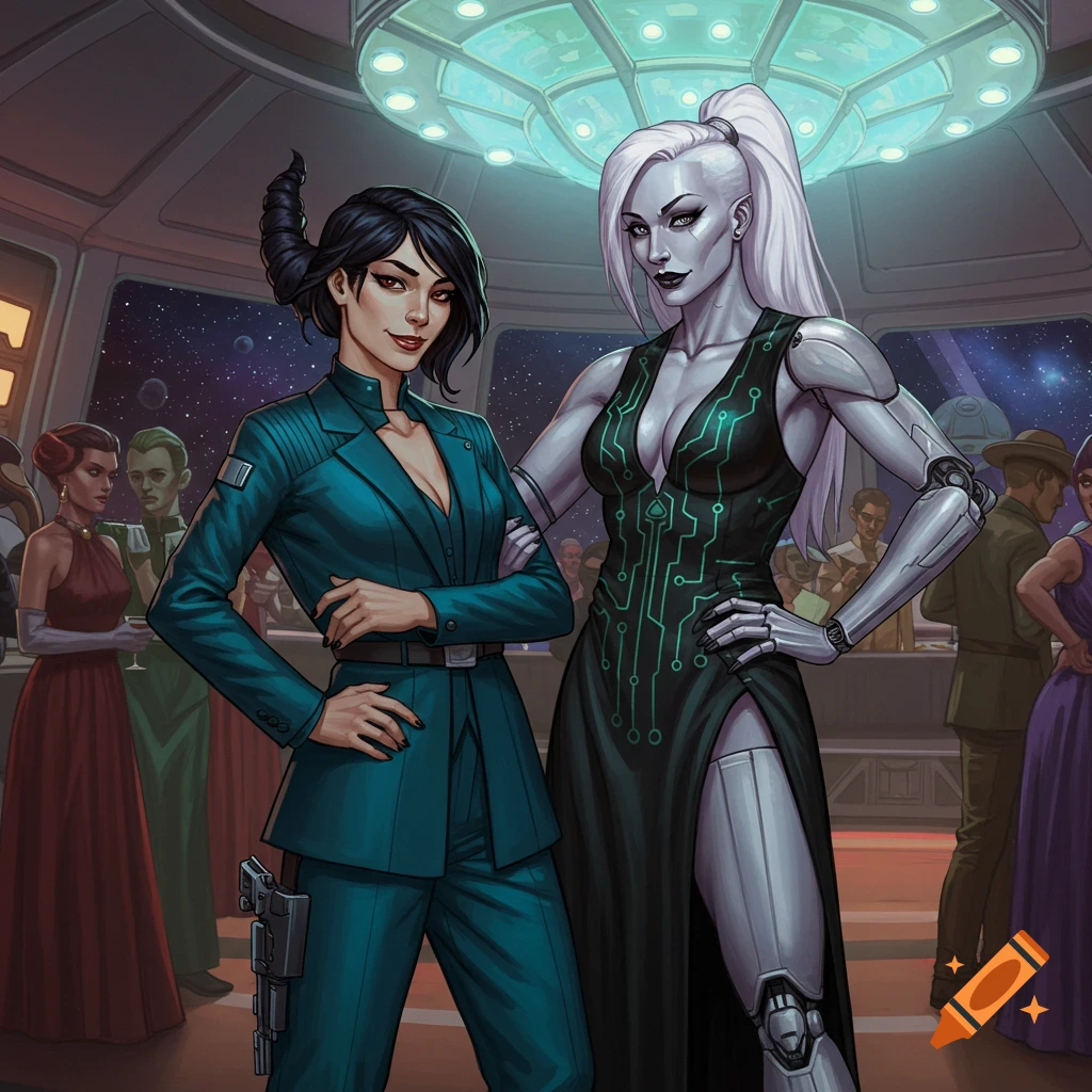 Two striking women, a space outlaw and a robotic bounty hunter, pose in a glamorous retro-futuristic sci-fi gala with a starry background.