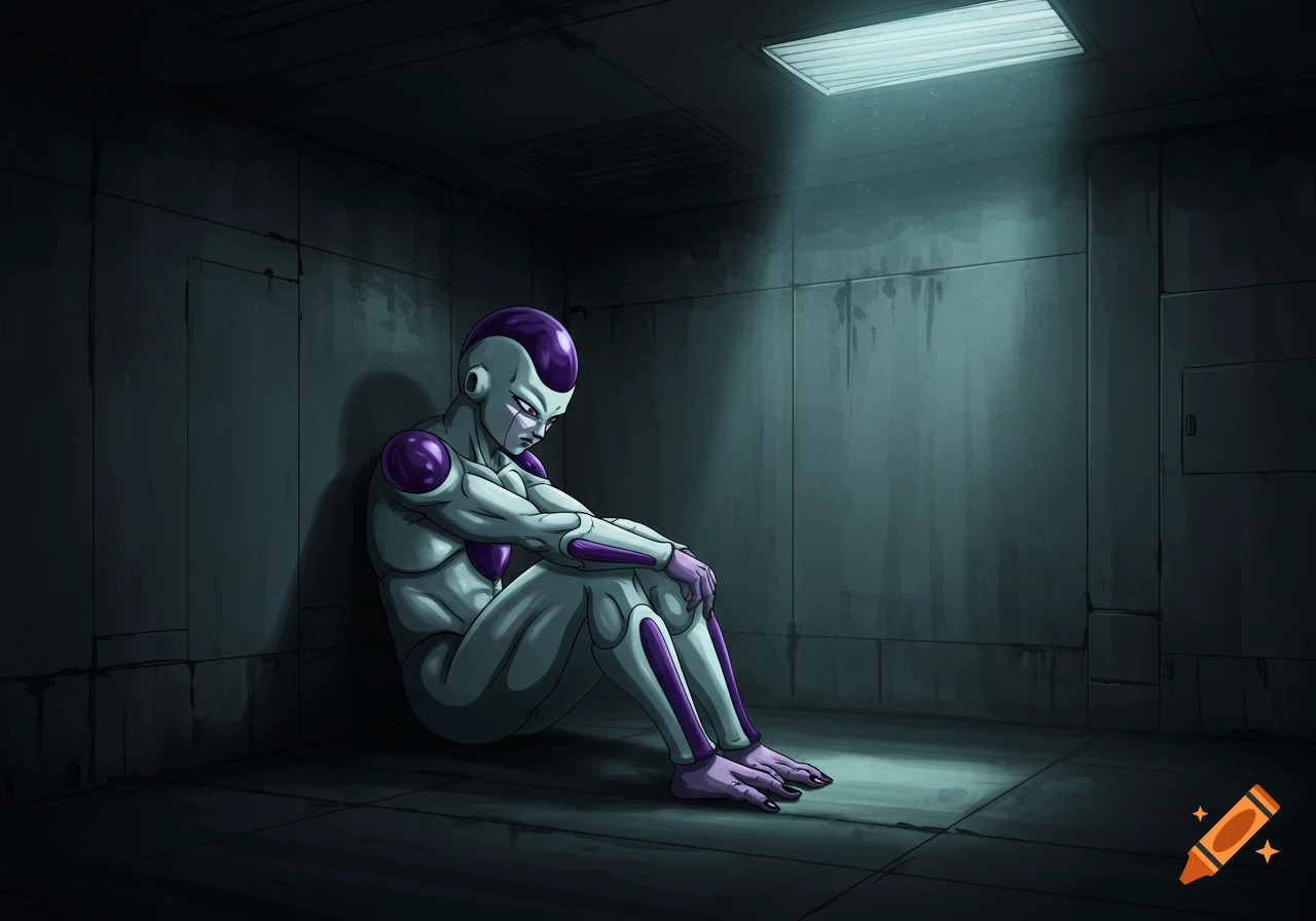 Anime-style illustration of Frieza from Dragon Ball sitting sadly in a dark room corner, illuminated by an overhead light.