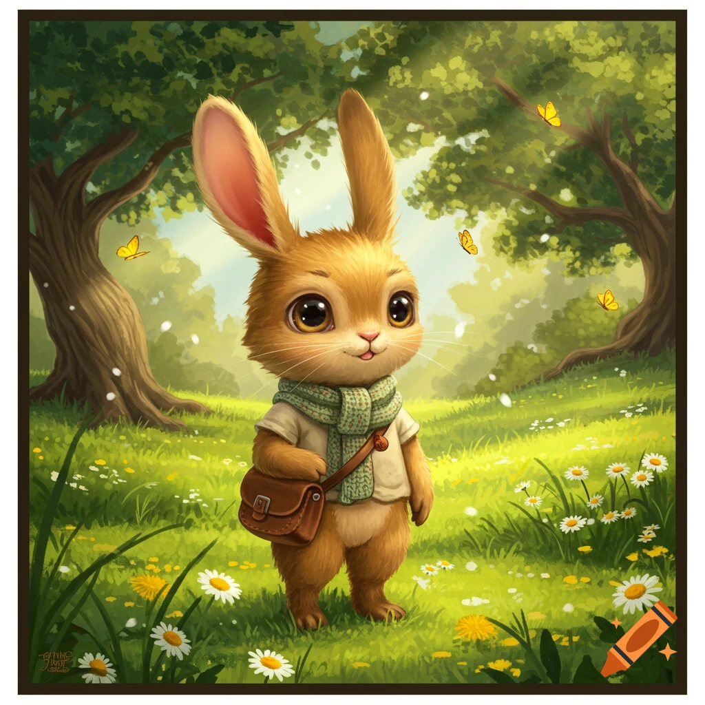 A cute, whimsical illustration of a humanoid bunny wearing a scarf and satchel, standing in a sunny forest clearing with flowers and butterflies.