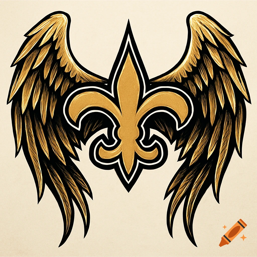 A stylized golden fleur-de-lis with black outlines, flanked by large, detailed golden and black angel wings, set against a light background.