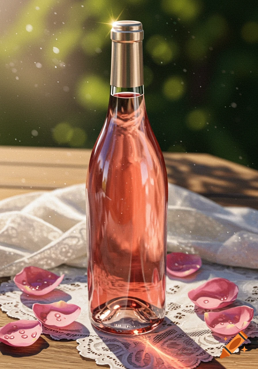 Photorealistic image of a bottle of ros al wine and pink rose petals on a lace tablecloth in sunlight.