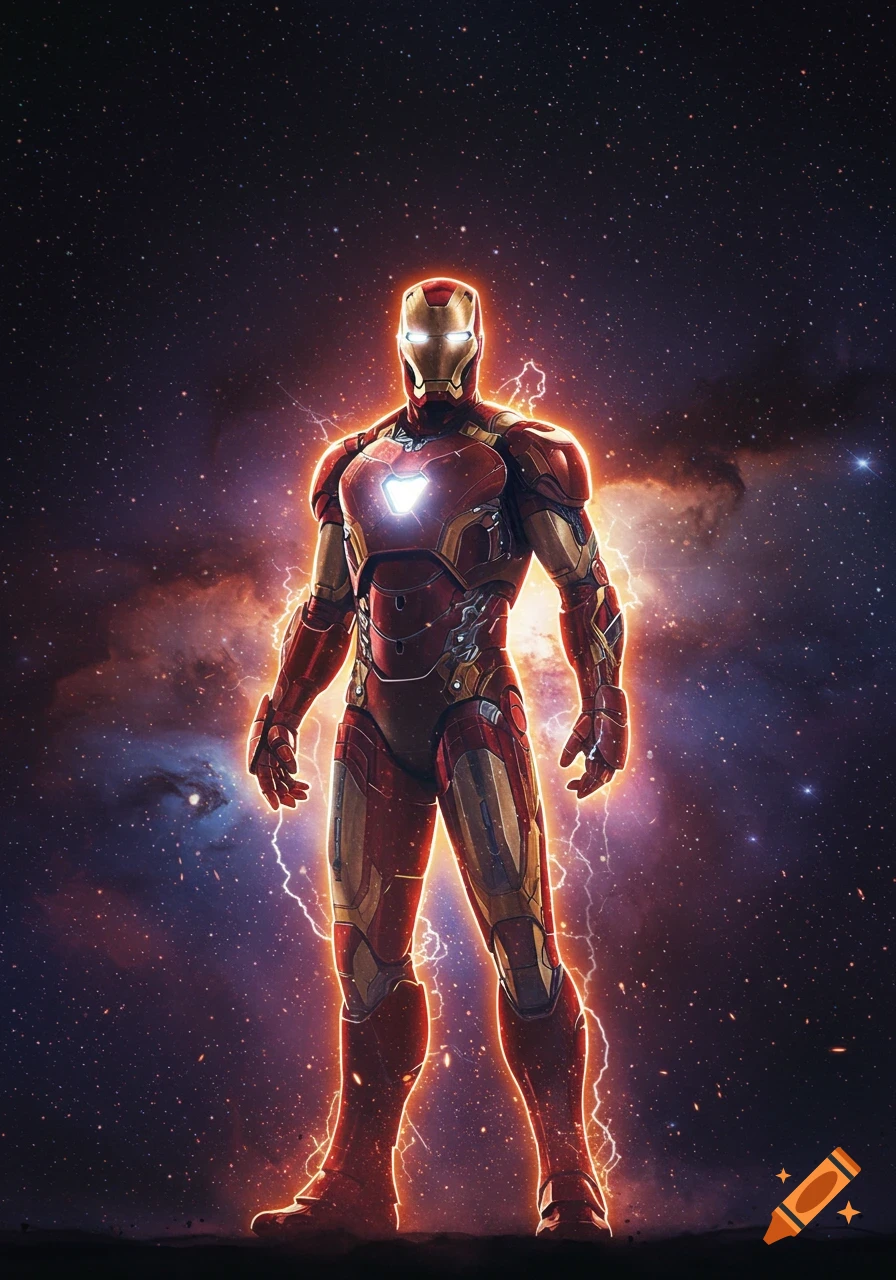 Iron Man standing heroically with glowing outlines against a vibrant cosmic background filled with stars and nebulae.