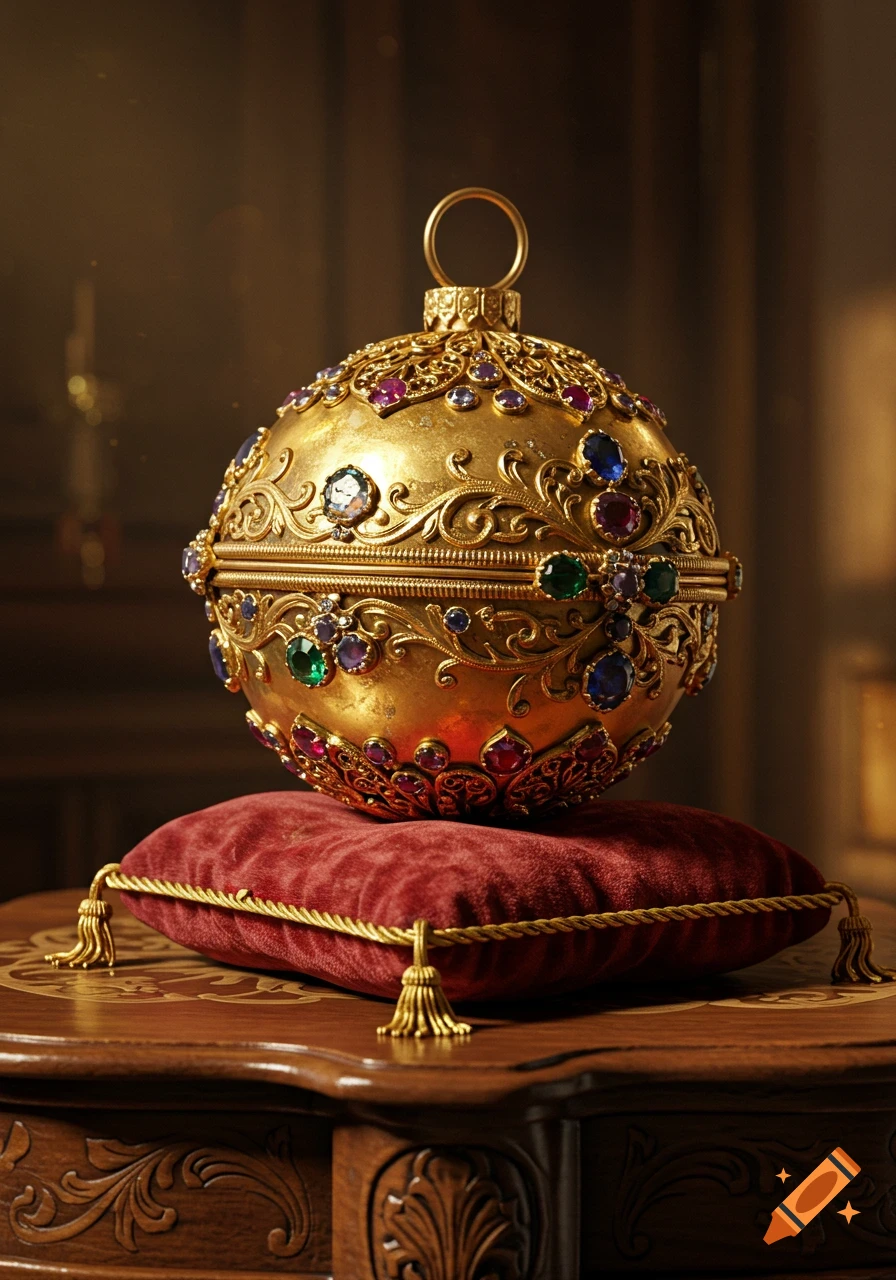 A photorealistic golden, jeweled orb ornament resting on a red velvet cushion.