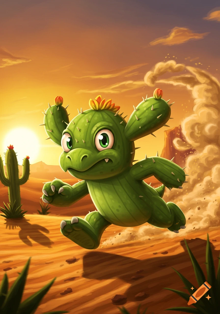 A vibrant cartoon cactus creature runs furiously through a desert at sunset, kicking up dust.