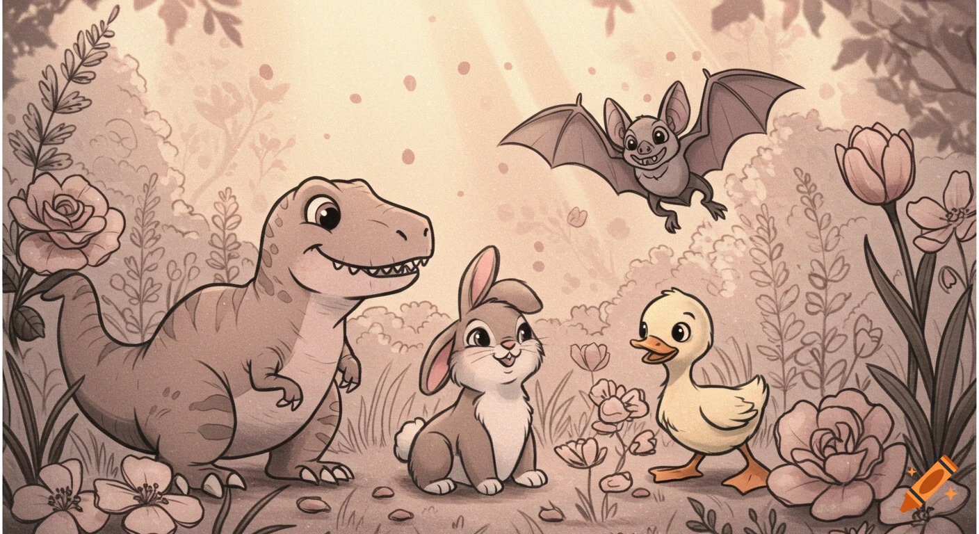 A cute T-Rex, bunny, duckling, and bat interact joyfully in a sunlit, Disney-style cartoon nature scene with flowers.