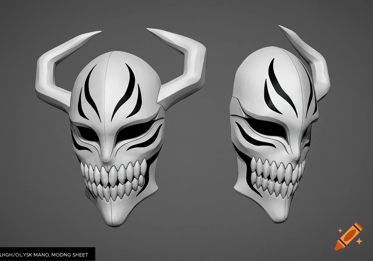 Two anime-style white hollow masks with horns and black markings, showing front and side views, against a grey background.