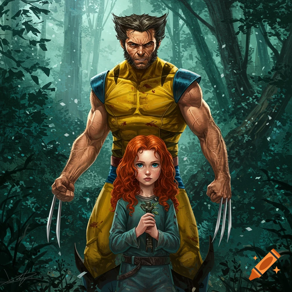 Comic book illustration of Wolverine standing sternly behind a young girl holding a plant in a dark forest.