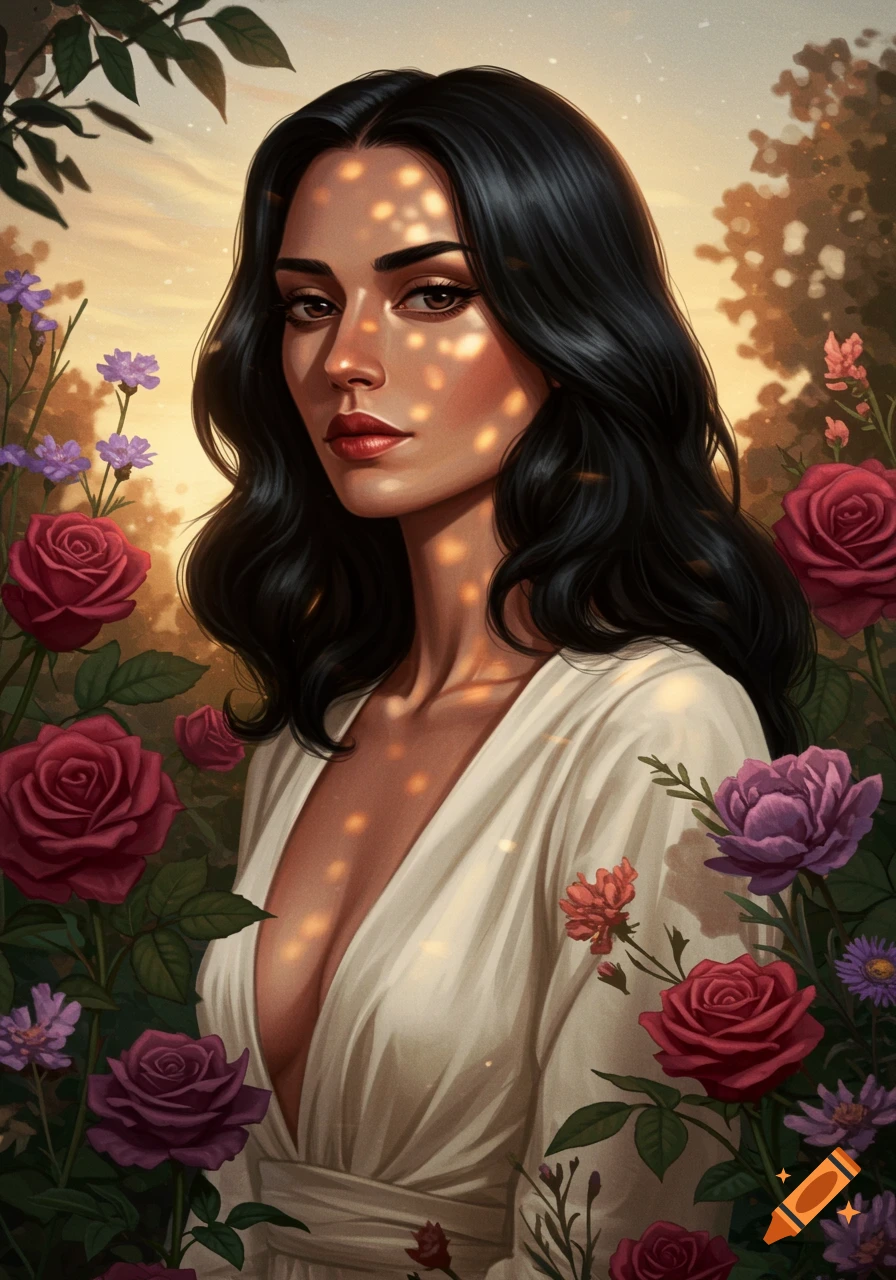 Illustrated portrait of a woman with dark hair in a white dress, surrounded by red roses and purple flowers, with dappled sunlight on her face.