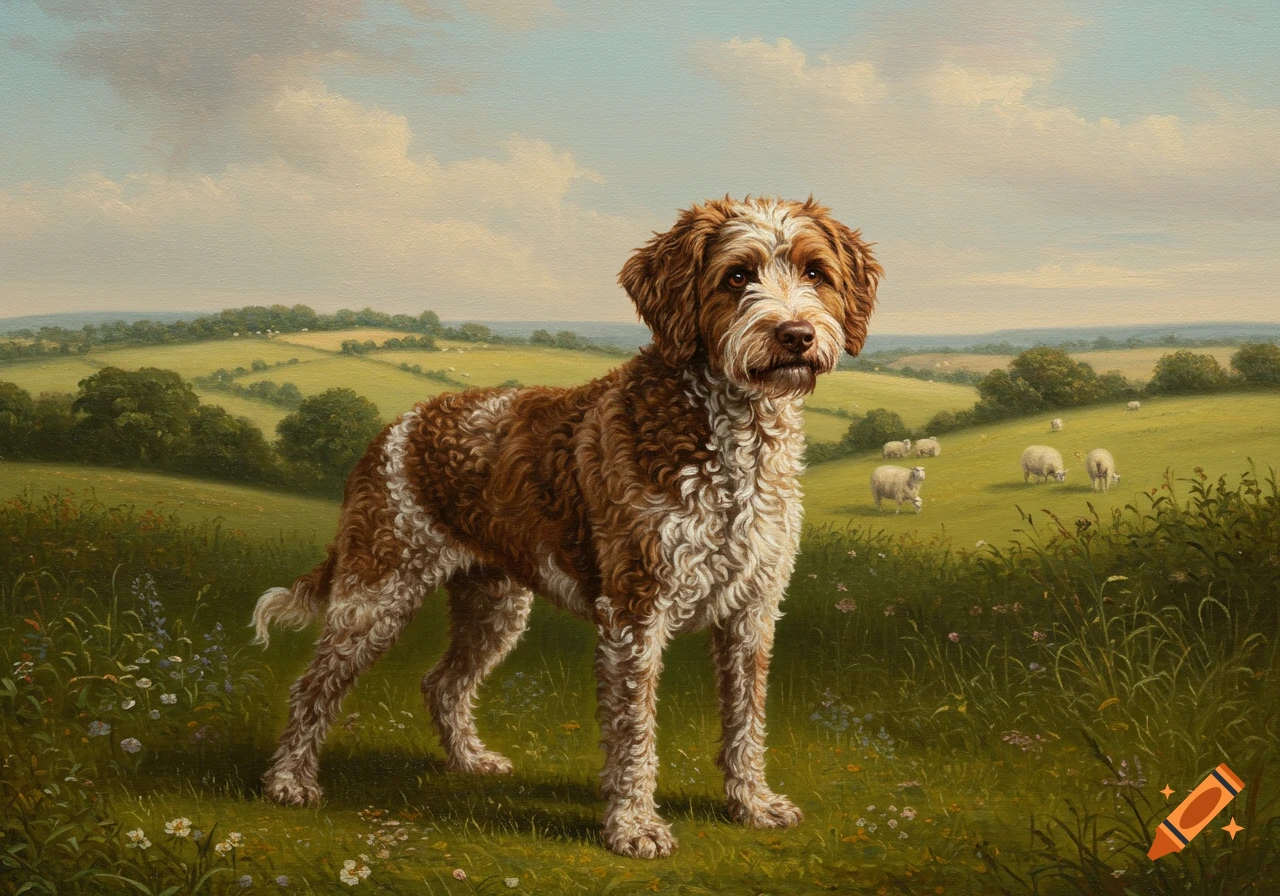 A brown and white Lagotto Romagnolo dog stands in a green field with sheep in the background, in the style of an 1800s English livestock painting.
