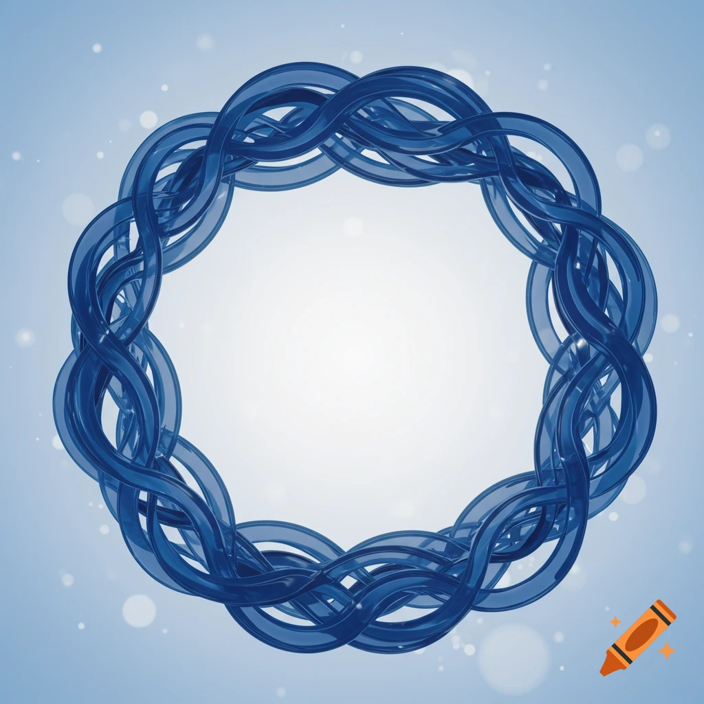 Abstract circular frame made of intertwining blue translucent ribbons on a light blue background with subtle bokeh.