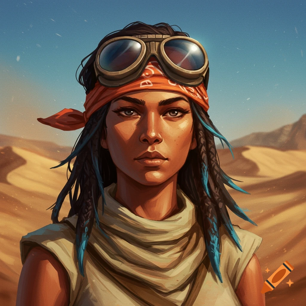 A woman with goggles and a red bandana stands in a desert landscape, illustration style.