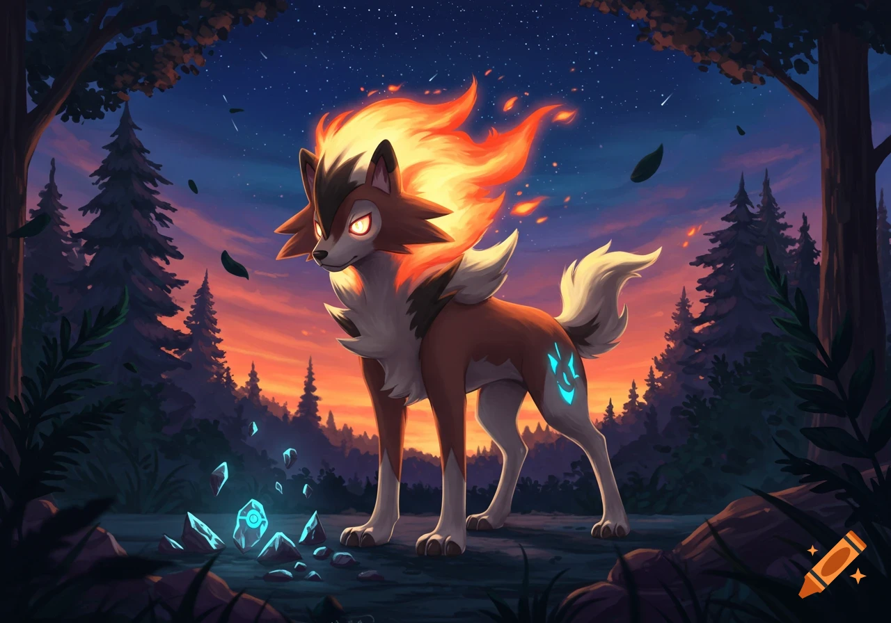 A majestic Dusk Form Lycanroc with glowing eyes and a fiery mane stands in a sunset forest with glowing blue crystals.