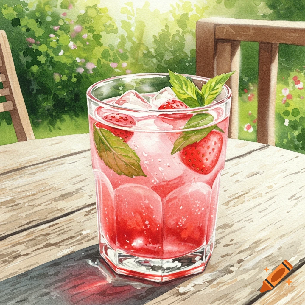 A watercolor painting of a strawberry and mint cocktail with ice in a glass on a wooden table outdoors, with green foliage in the background.