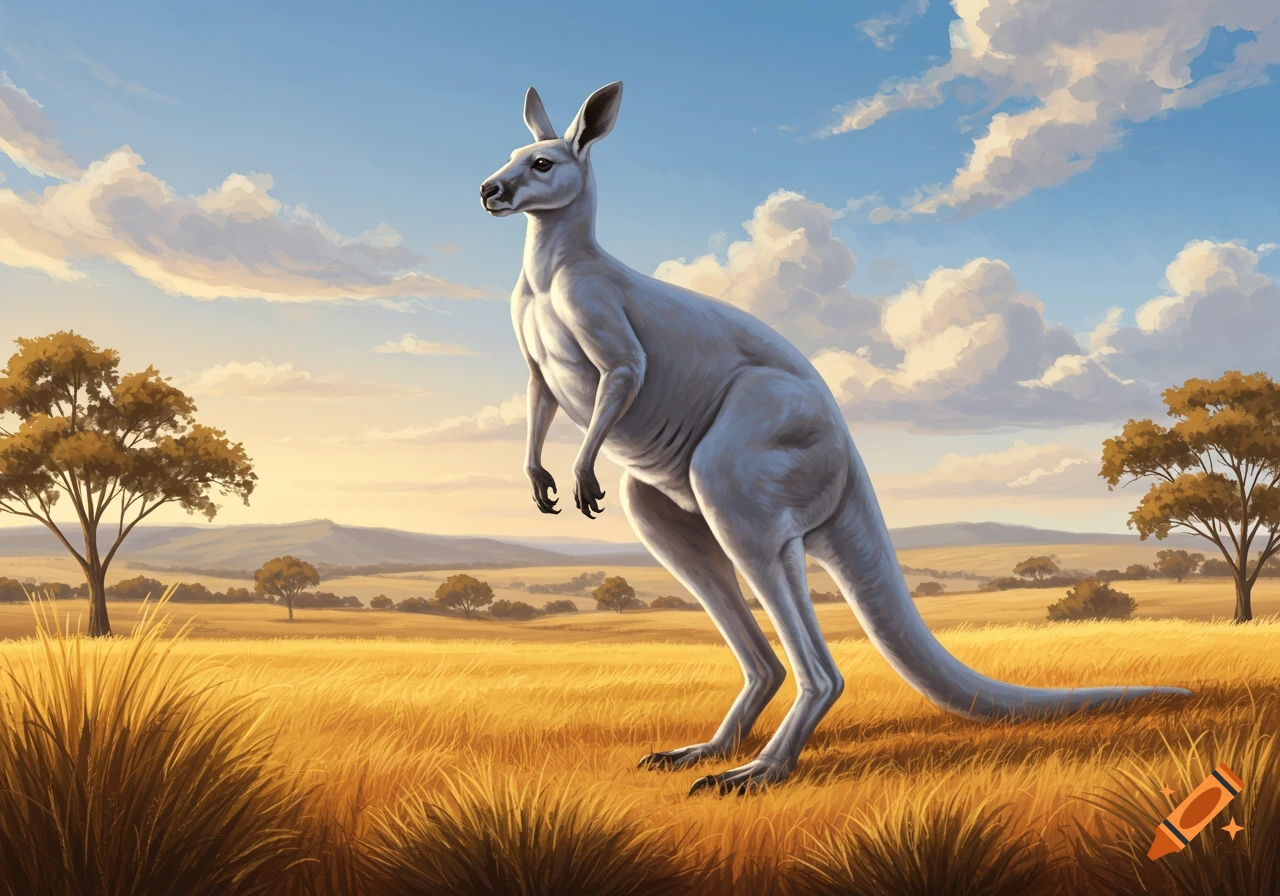 A gray kangaroo stands in a golden field under a blue sky with clouds and distant hills.