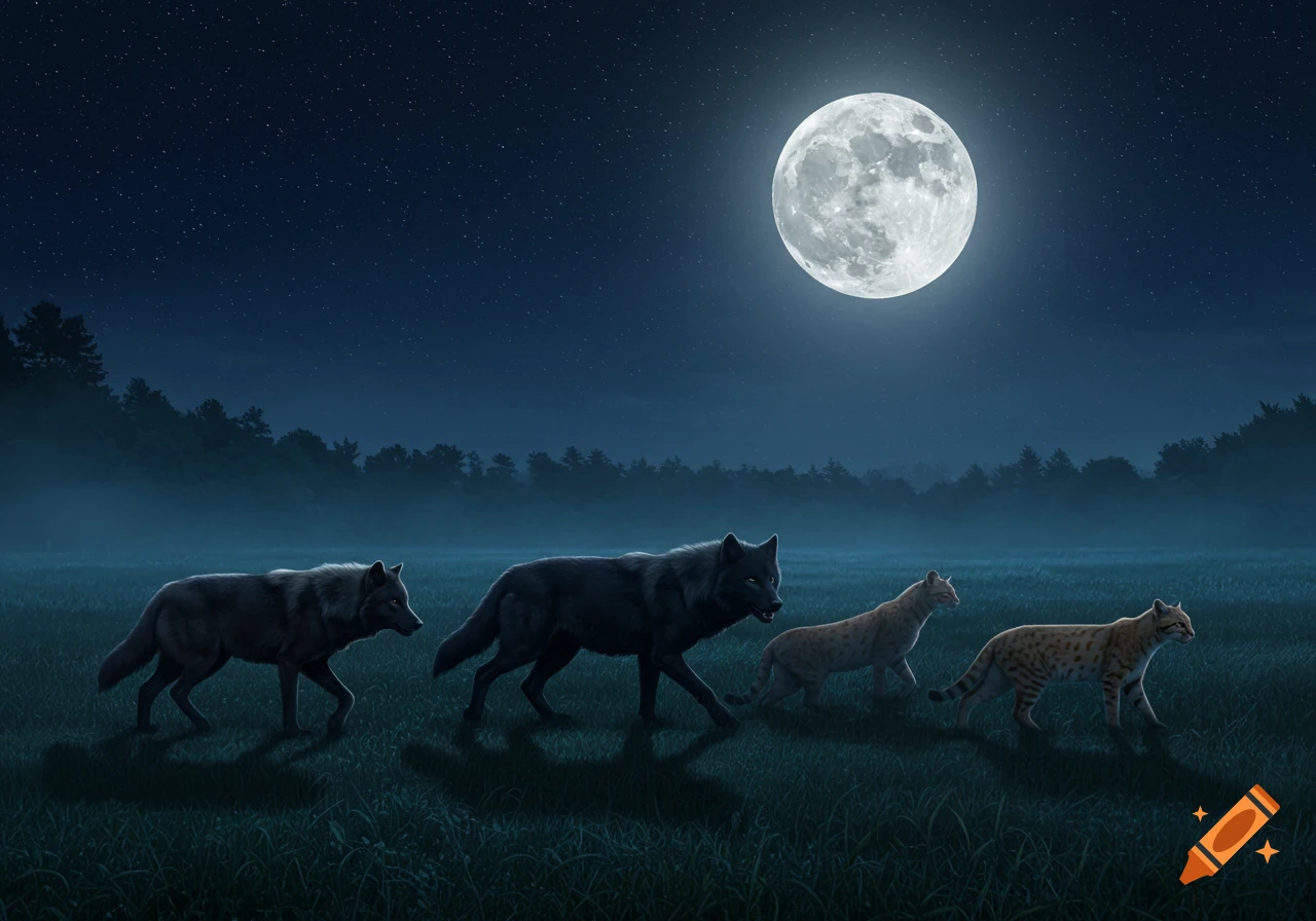 Two dark wolves and two wild cats walk across a moonlit grassy field at night under a bright full moon.