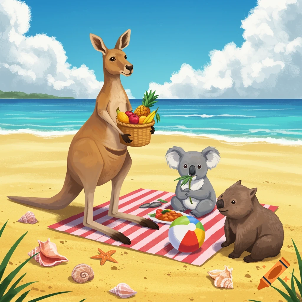 Illustrated scene of a kangaroo, koala, and wombat having a picnic on a sunny beach.