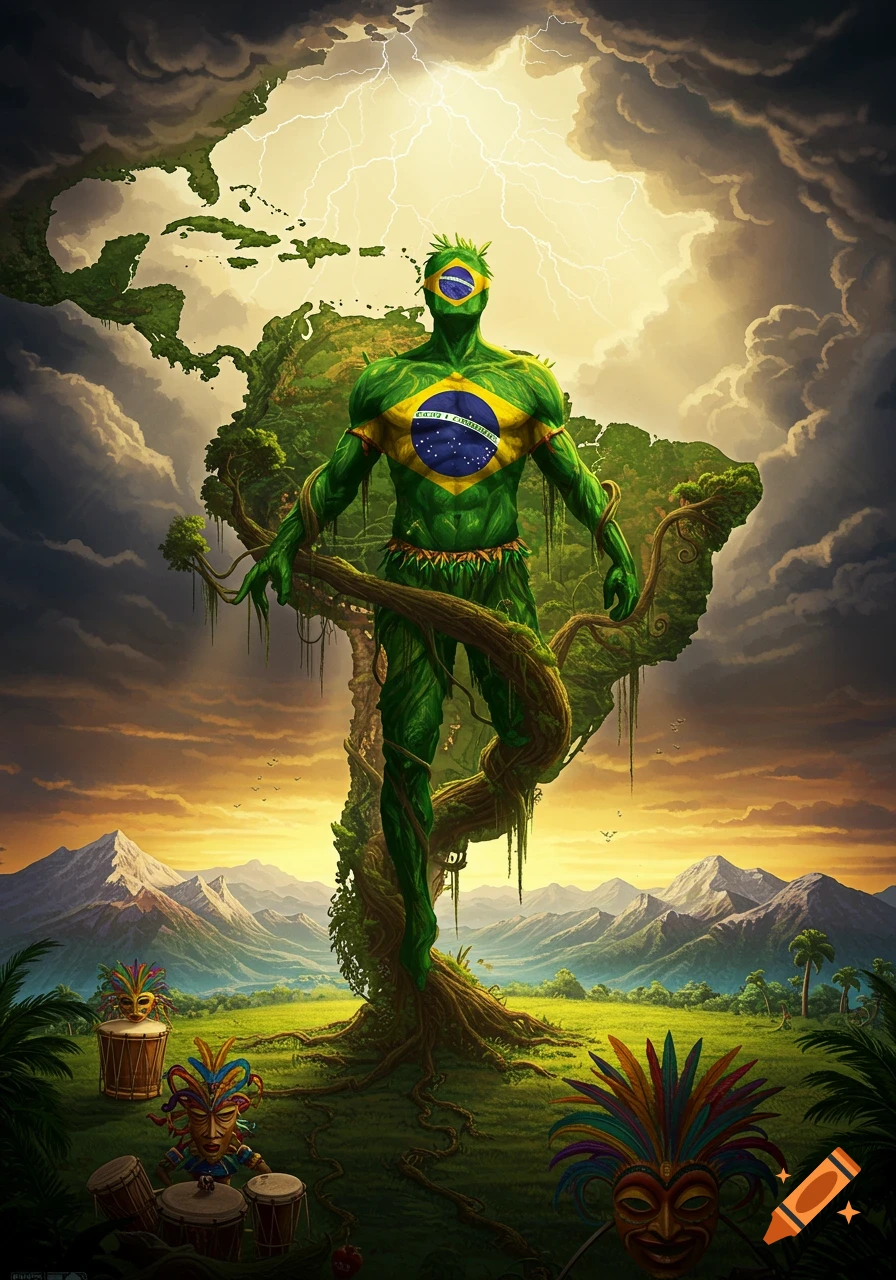 A giant green figure with Brazilian flags on its chest and head emerges from a South American map, with mountains and carnival masks.