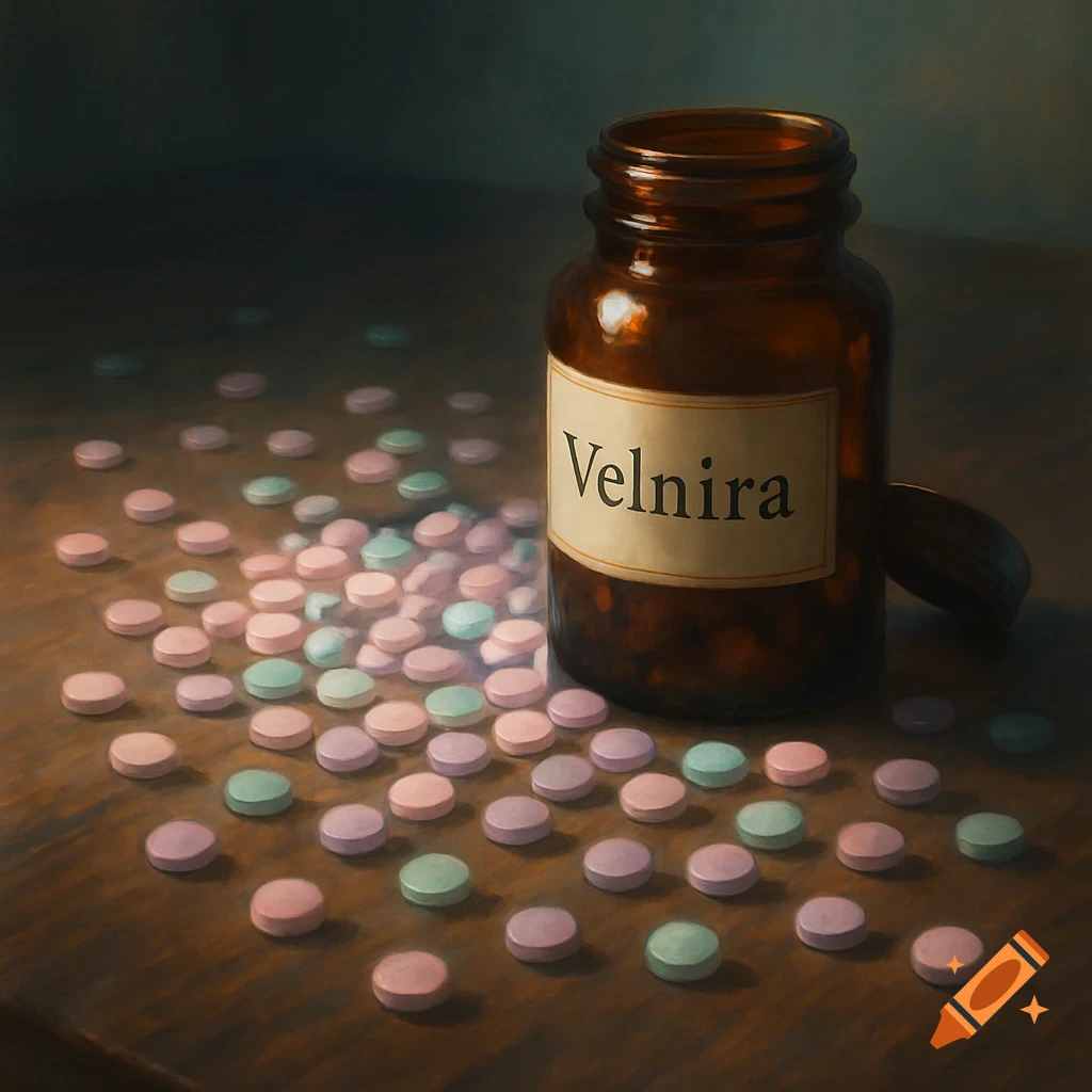 A brown pill bottle labeled 'Velnira' sits on a wooden surface, surrounded by scattered pink, purple, and green pills.