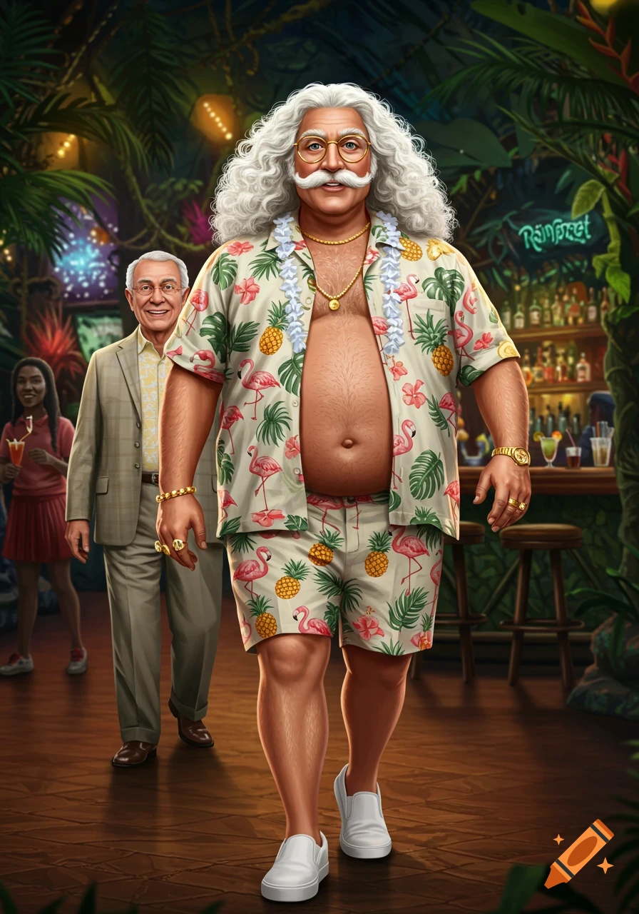 An older man with white curly hair, mustache, and gold glasses wears a flamingo and pineapple Hawaiian shirt and shorts, walking into a rainforest-themed bar.