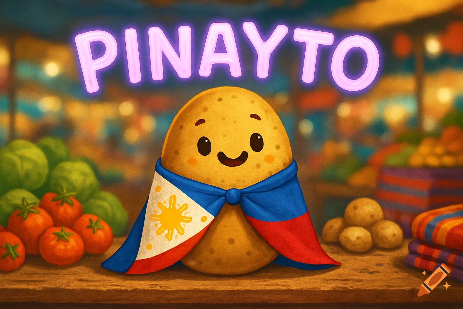 A cute, smiling potato wearing a Filipino flag cape stands in a market under a neon sign that reads 'PINAYTO'.