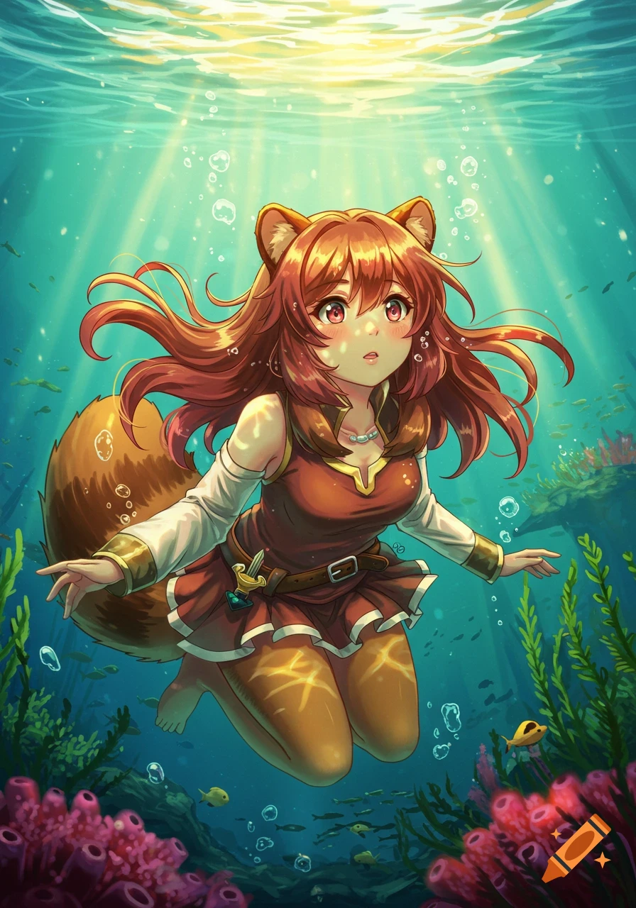 Anime girl with animal ears and tail swimming underwater, surrounded by coral and fish, with sun rays from the surface.