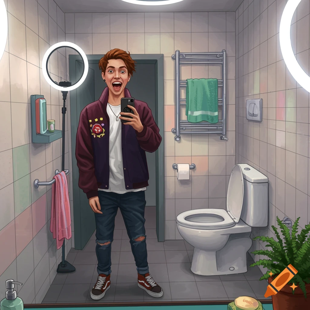 A young man with red hair takes a selfie in a brightly lit bathroom, smiling widely at his phone.