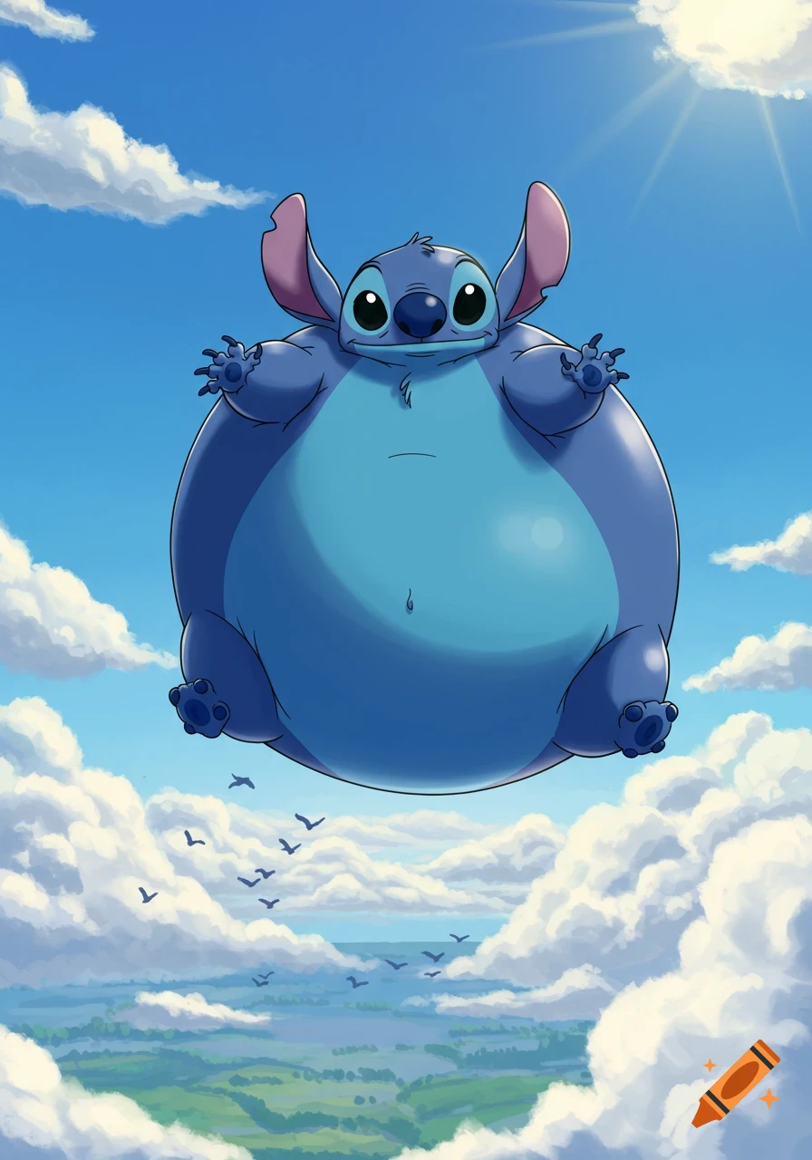A giant, inflated Stitch floats high in a blue sky with white clouds, looking down over a green landscape.