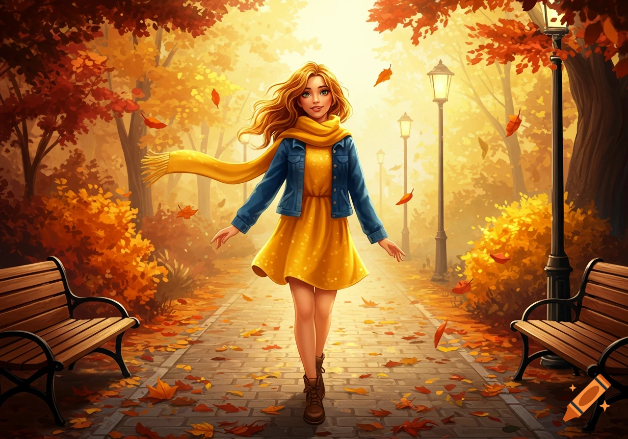 A girl in a yellow dress and blue jacket with a scarf walks down a leaf-covered path in an autumn park, surrounded by warm-toned trees.