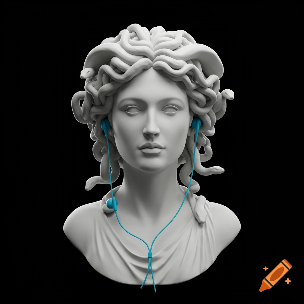 A white classical marble bust of Medusa with snake hair, wearing bright blue wired earbuds against a black background.
