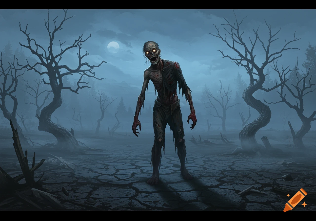 A decaying zombie with glowing eyes stands in a dark, misty, barren landscape under a full moon.