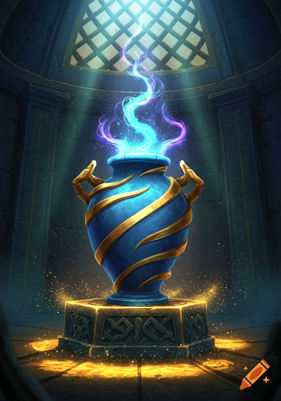 A glowing blue urn with gold bands on a stone pedestal in a dark, vaulted chamber with light rays.