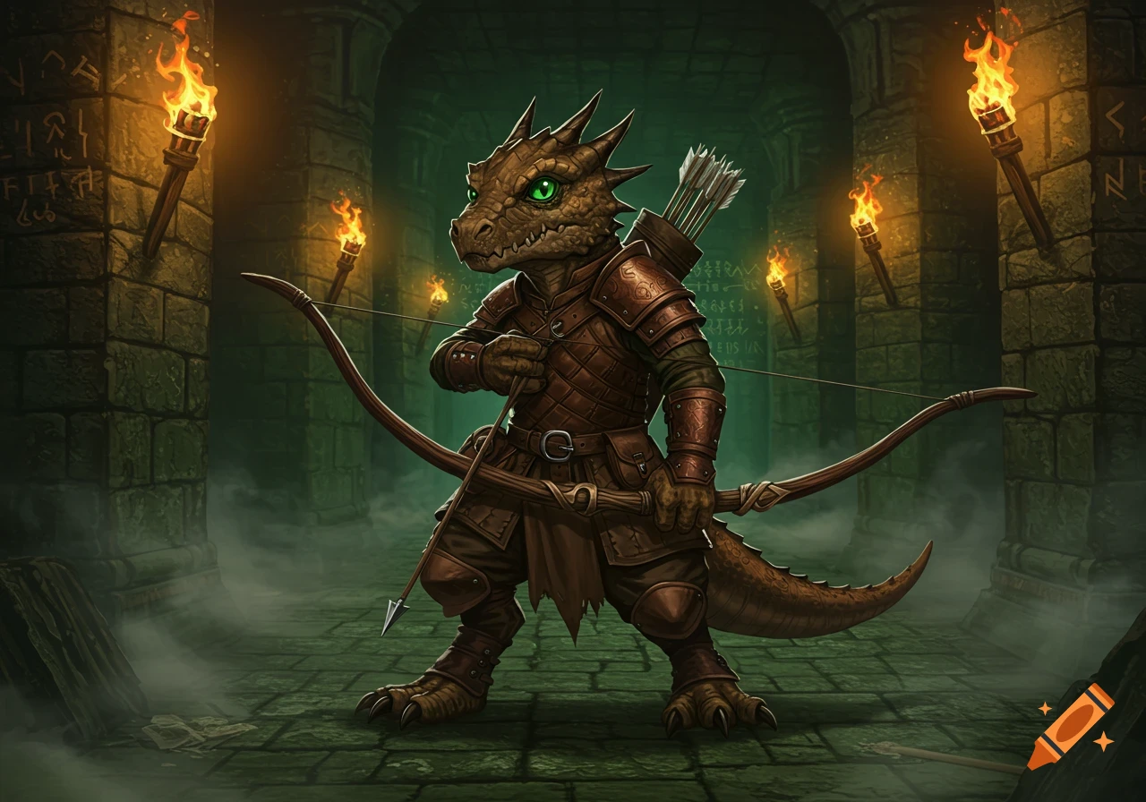 A fantasy illustration of a small, green-scaled kobold ranger in brown leather armor holding a longbow in a dark stone dungeon lit by torches.