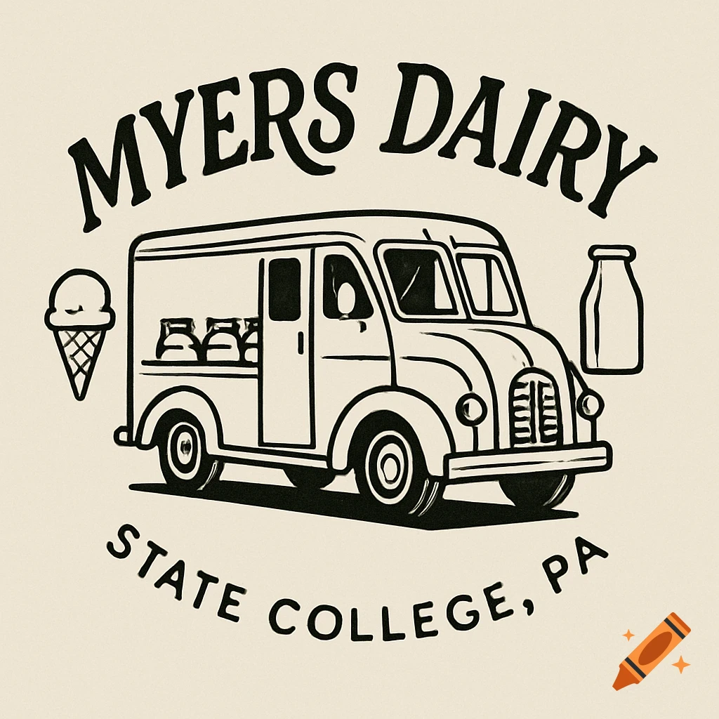 Vintage black line art logo of a milk truck with 'MYERS DAIRY' and 'STATE COLLEGE, PA' text, an ice cream cone, and a milk bottle.