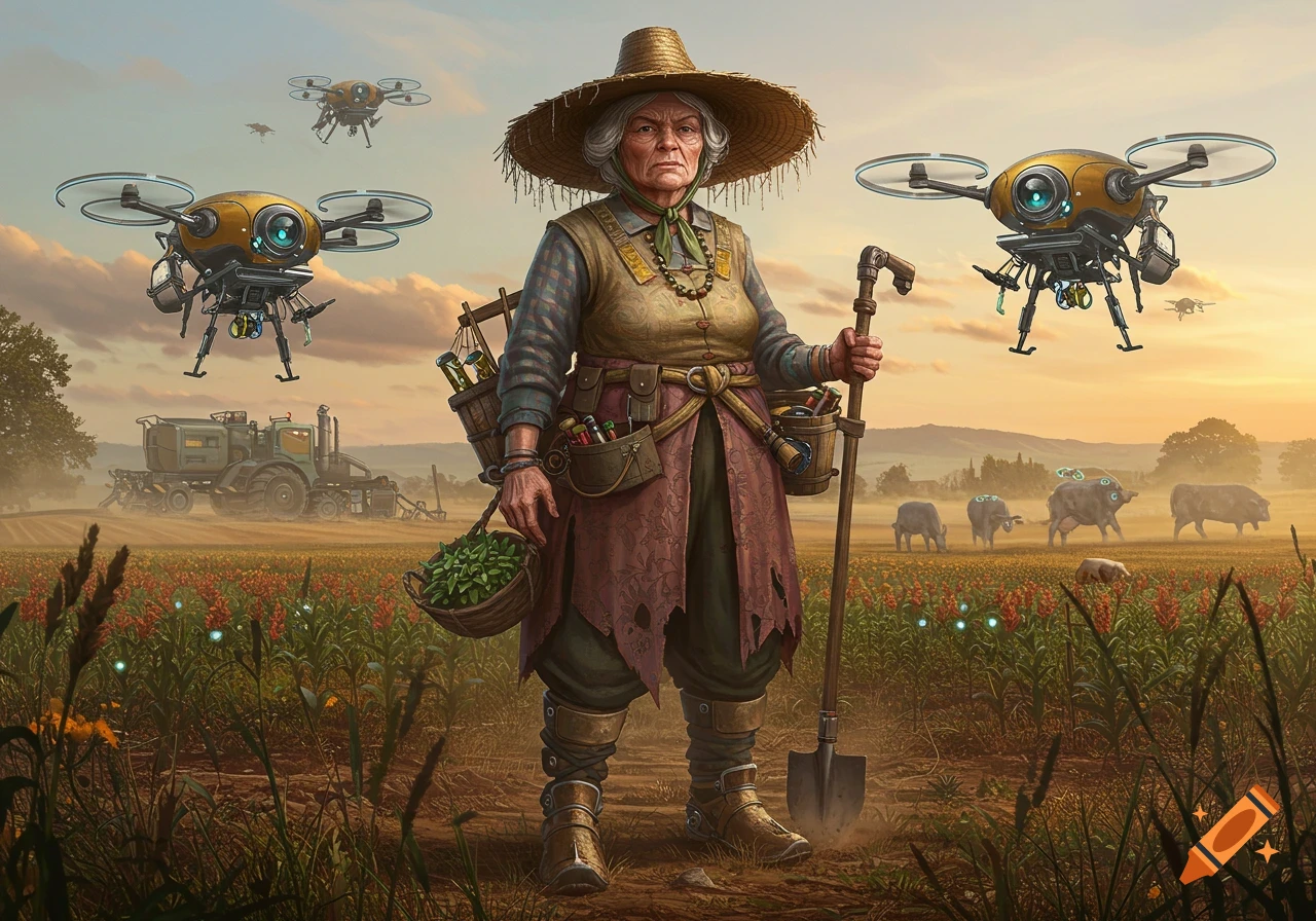 A stern, old female farmer in a straw hat stands in a futuristic field with drones, a tractor, and modified livestock under a sunset sky. Realistic art.