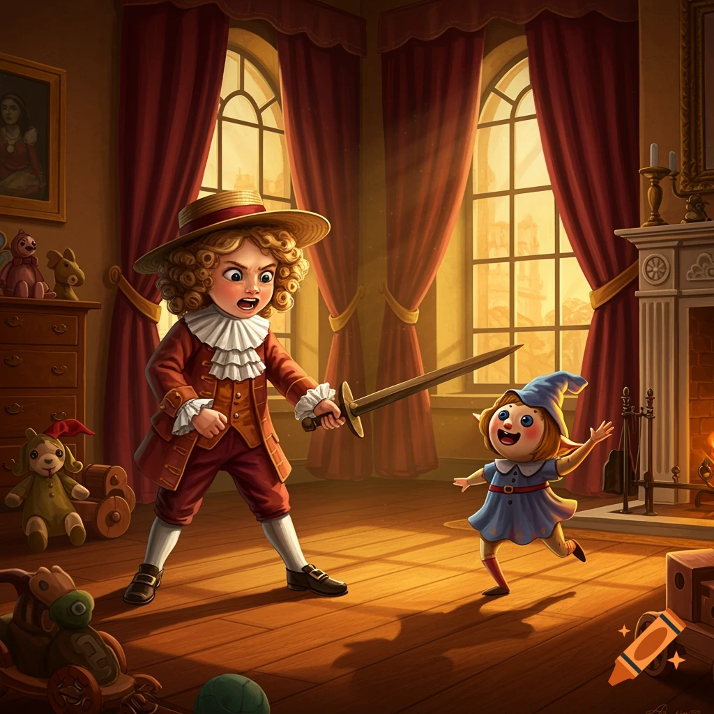 A Victorian-era child with a sword playfully confronts a small, cheerful doll-like creature in a richly detailed, sunlit room filled with toys.