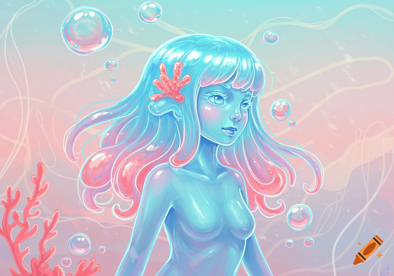 A stylized blue translucent mermaid-like character with pink hair and coral in an underwater pastel scene with bubbles.