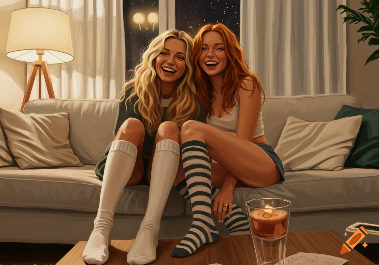 Two smiling women, one blonde and one redhead, sit laughing on a living room couch at night. The blonde wears white knee socks, the redhead striped tube socks.