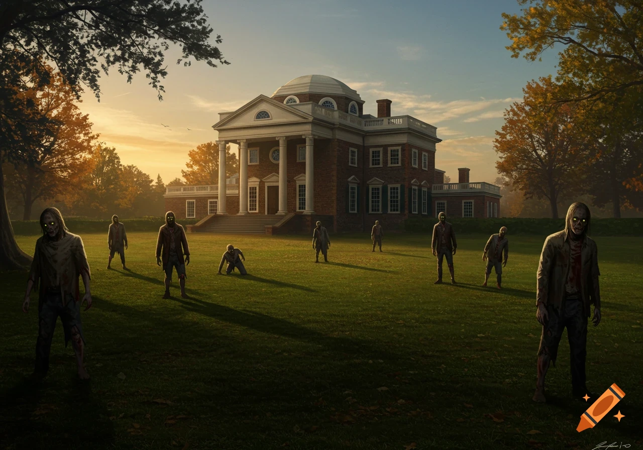 A group of zombies with glowing eyes stand on a green lawn in front of a grand brick mansion at sunset, with autumn trees.