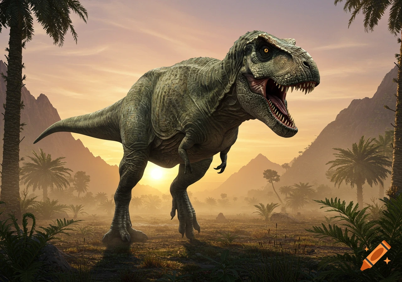 Photorealistic Tyrannosaurus Rex roaring in a prehistoric jungle at sunset, with mountains and palm trees in the background.