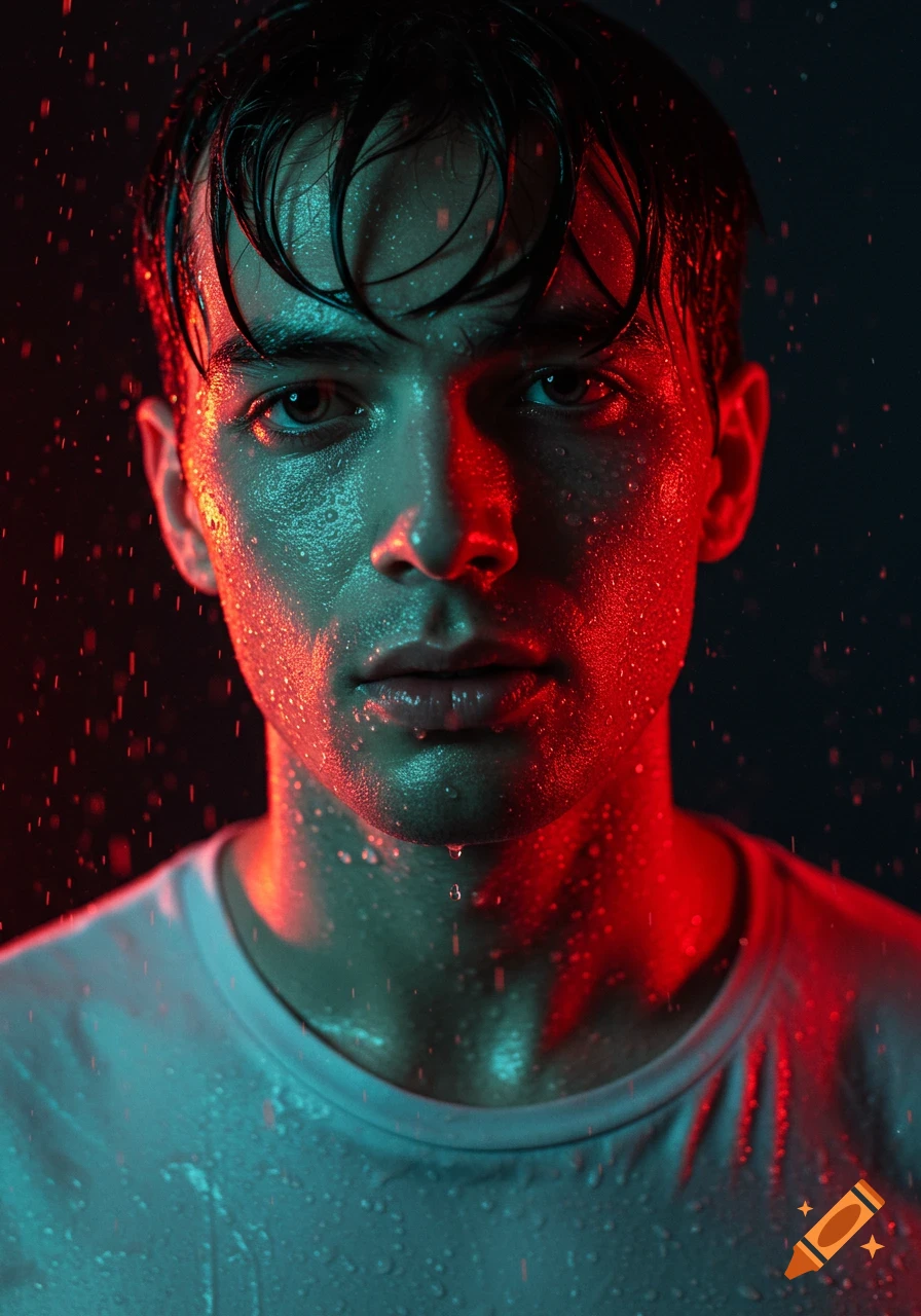 Close-up photorealistic portrait of a man with dark hair and light skin, his face wet with water droplets, illuminated by dramatic red and teal lighting. He wears a white t-shirt and looks directly at the camera.