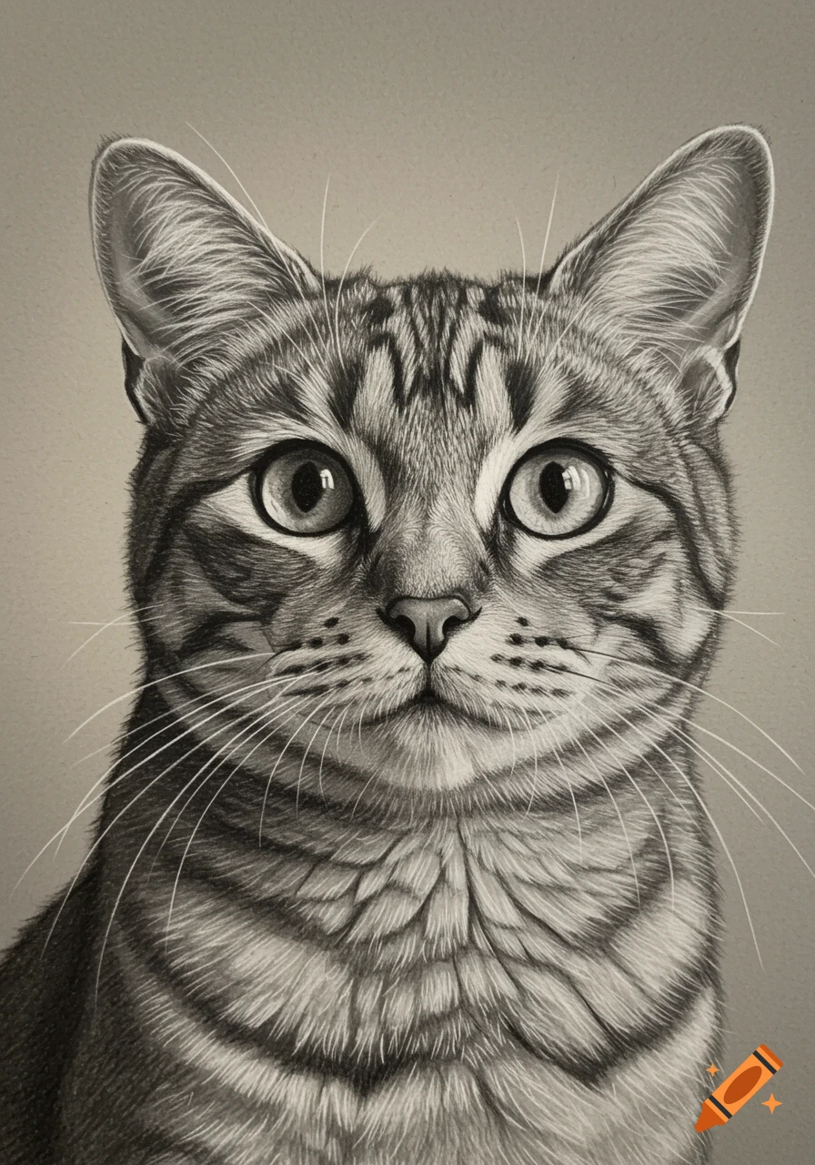 Detailed grayscale pencil drawing of a tabby cat's head, looking directly forward.