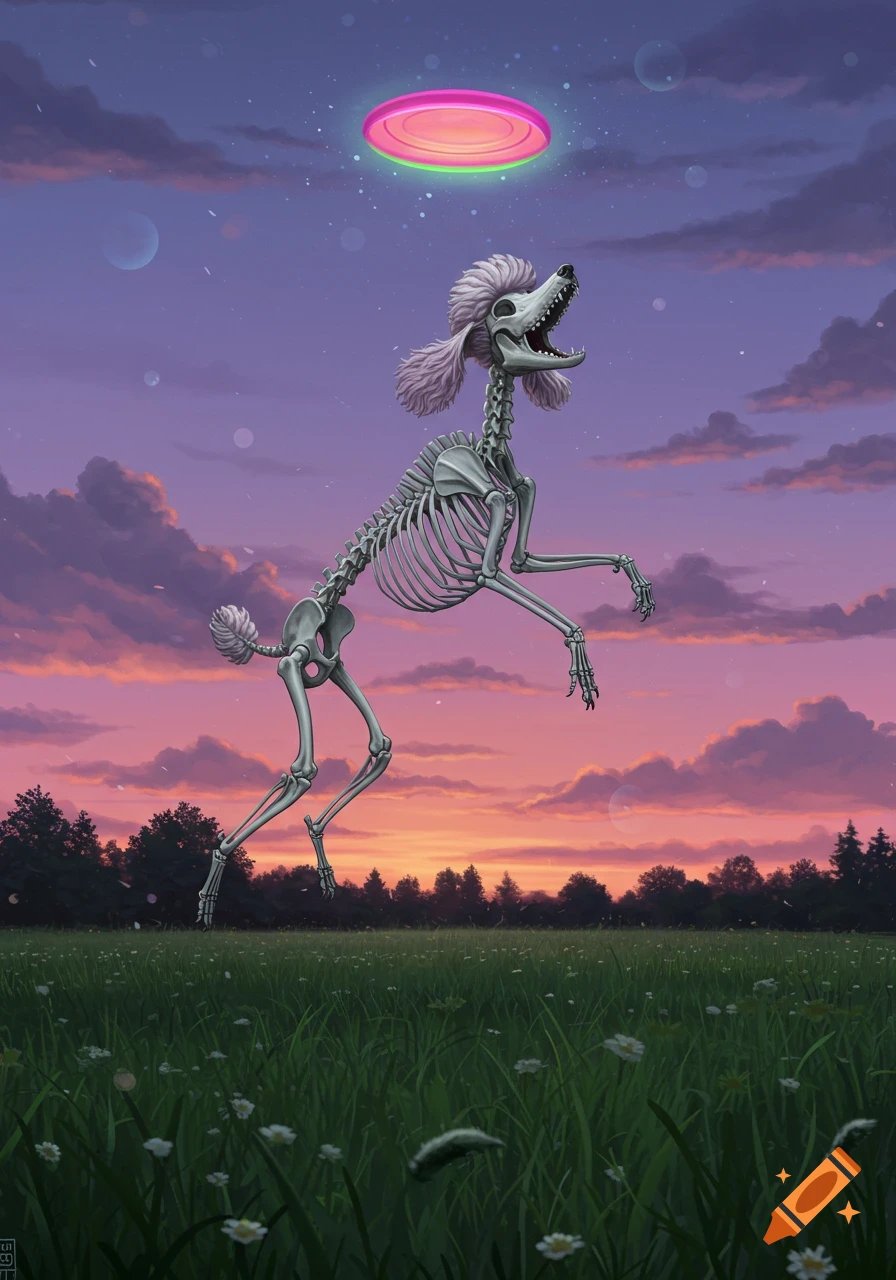 An illustrated poodle skeleton jumps in a grassy field at sunset, reaching for a glowing pink frisbee.