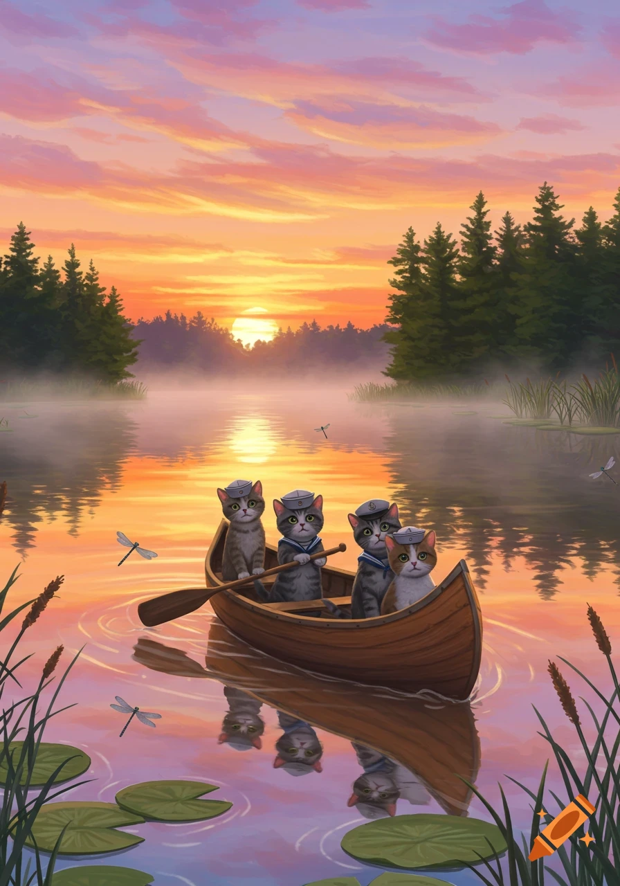 Four cartoon cats in sailor hats paddle a canoe on a misty lake at sunset, surrounded by trees and lily pads.