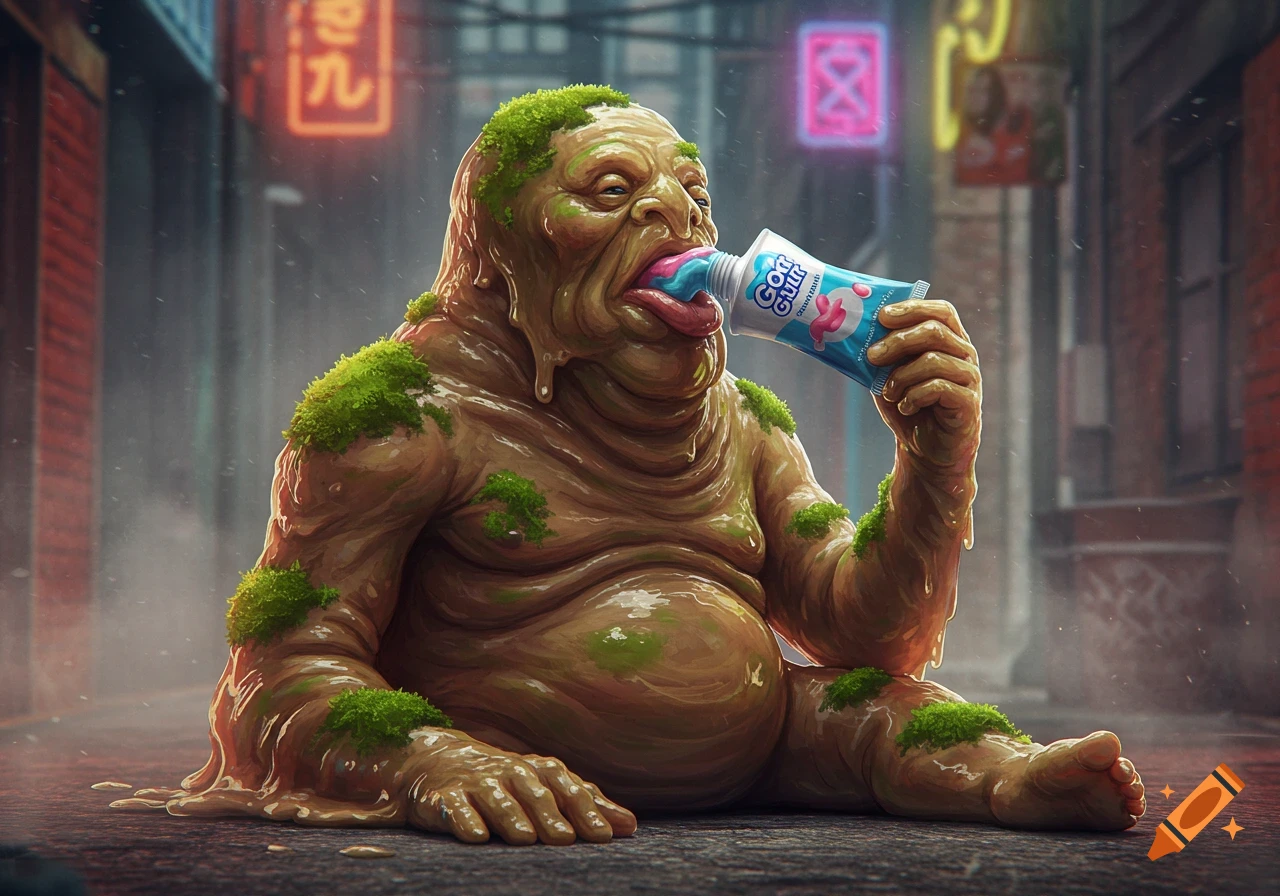 A grotesque sludge-covered creature with moss patches sits in a rainy alley, slurping from a blue tube labeled 'Goat Gurt'.