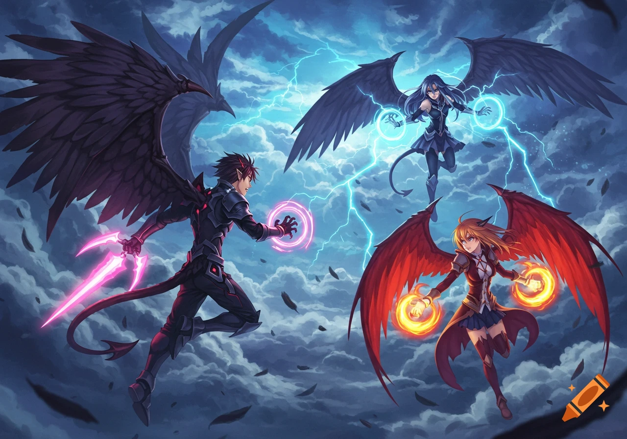 Anime-style characters with wings battle in a stormy sky. A male with black wings wields glowing pink swords, a female with black wings casts blue magic, and another female with red wings casts orange magic.