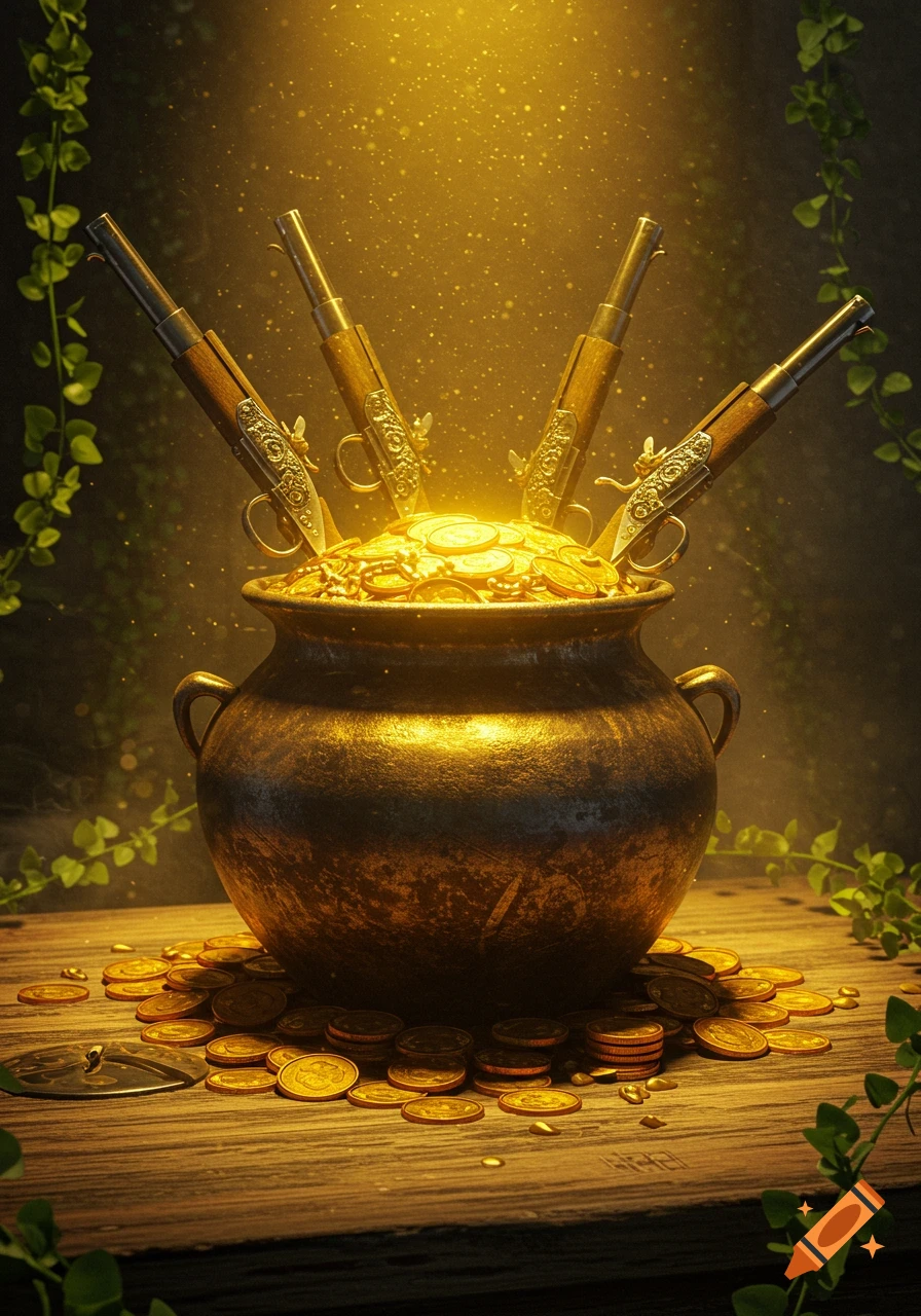 A glowing pot of gold coins with four antique pistols sticking out, resting on a wooden surface with scattered coins and green vines.