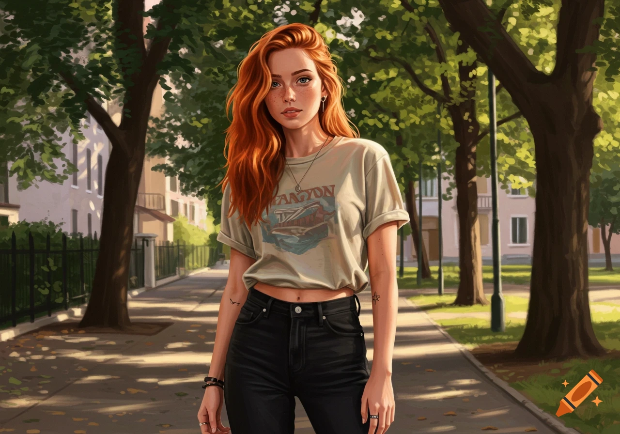 A red-haired woman with freckles, wearing a light t-shirt and dark pants, stands on a sunny park path lined with trees and buildings.