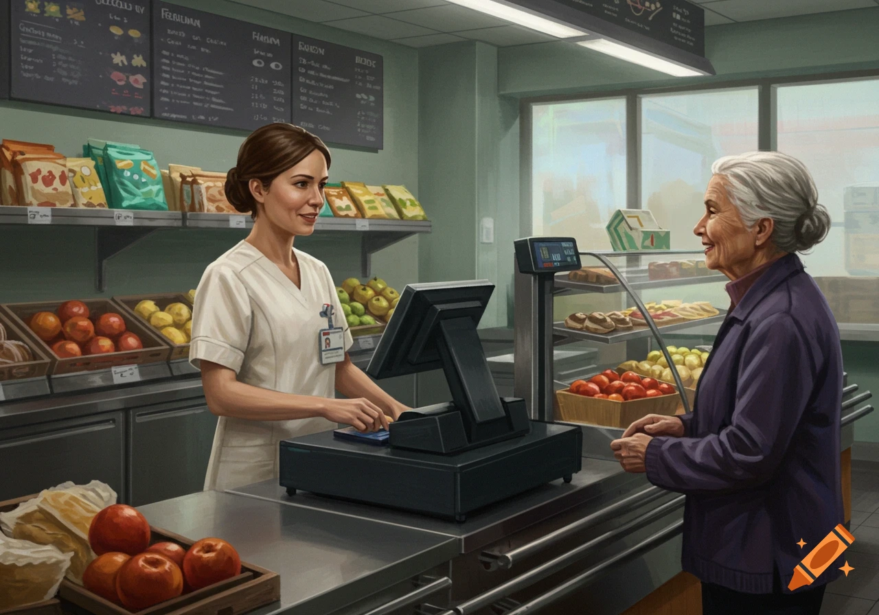 A nurse behind a counter at a store smiles at an elderly woman customer. Shelves of food are in the background. Photorealistic style.