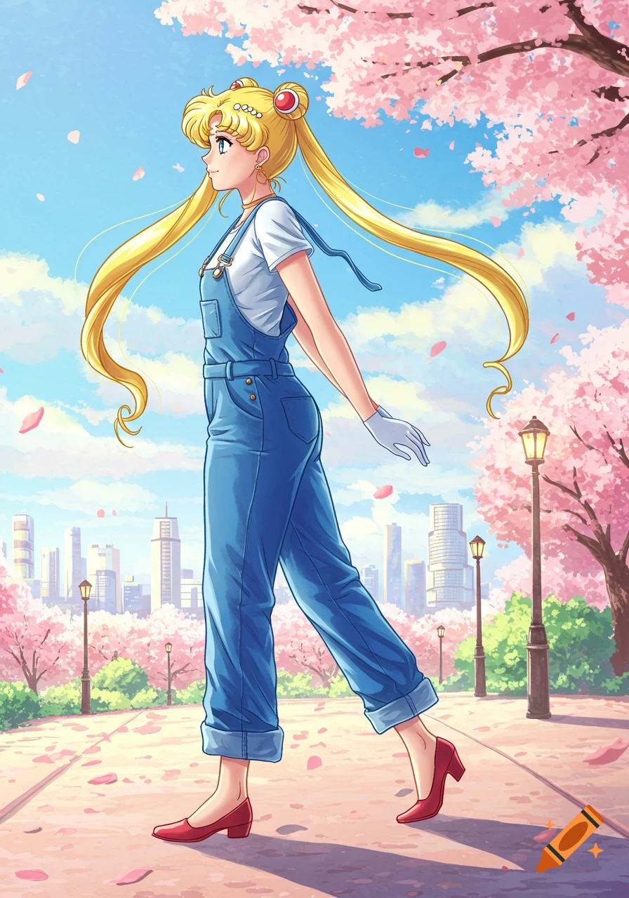 Anime illustration of Sailor Moon in blue overalls walking through a cherry blossom park with a city skyline in the background.